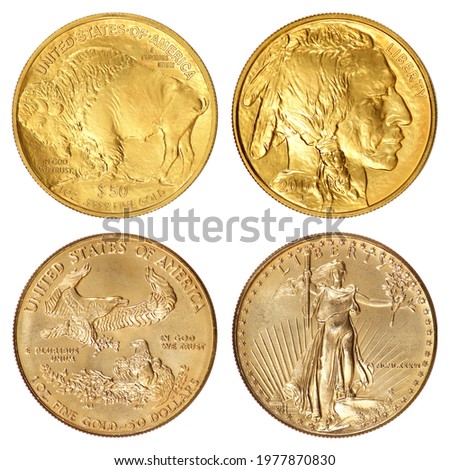 Gold coins of the United States of America isolated on a white background 