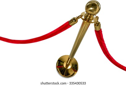 Gold colored metal stanchions with red velvet rope for crowd control - Shutterstock ID 335430533