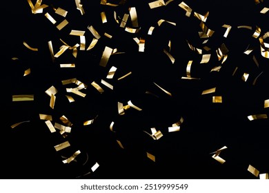 Gold confetti pattern on a black background wallpaper. Minimal black design space with floating gold confetti. Dark wallpaper background.