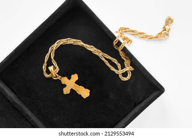 Gold Cross Necklace In Black Jewel Box