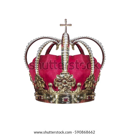 Gold crown with jewels isolated on white.