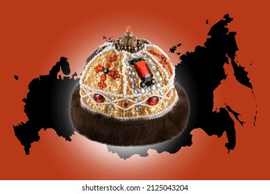 Gold Crown Over Russian Map Background. Russian Monarchy Concept.