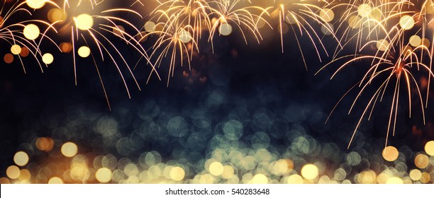 Gold   dark blue Fireworks   bokeh in New Year eve   copy space  Abstract background holiday 
