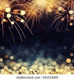 Gold And Dark Blue Fireworks And Bokeh In New Year Eve And Copy Space. Abstract Background Holiday.