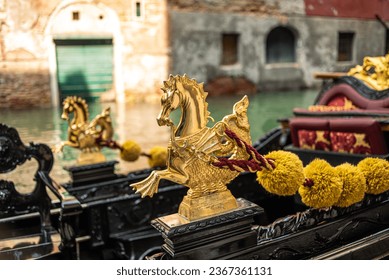 Gold decoration on the gondola. Detail Venetian Gondola Stern Detail or Ornament on the Grand Canal in Venice, Italy - Powered by Shutterstock