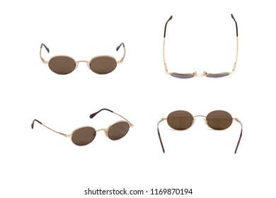 Gold Designer Sun Glasses Isolated On White Background. 