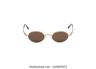 Gold Designer Sun Glasses Isolated On White Background. 