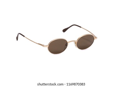 Gold Designer Sun Glasses Isolated On White Background. 