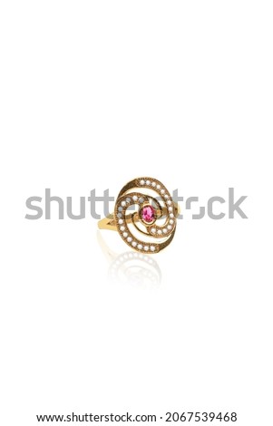 gold diamond ring with reflection on white background, luxury jewelry, 