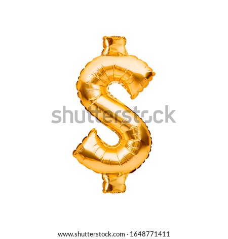 Gold Dollar Sign Balloon. Golden usd currency symbol made of inflatable foil balloon. Investment and banking concept