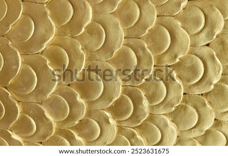 gold dragon scale pattern for background, embossed textured of golden repetitive striped of carved stucco for asian luxury style decoration, abstract Thai ornate art