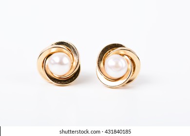 Gold Earrings With Pearl On White