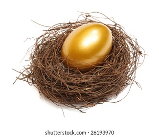 Gold Egg In A Real Nest On White Background