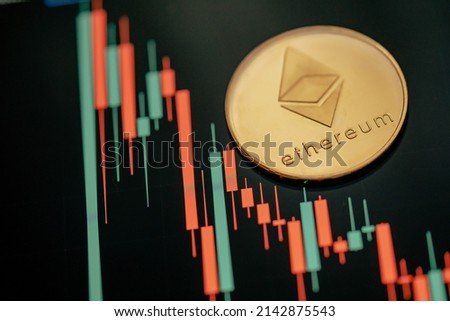 Gold Ethereum cryptocurrency with candle stick graph chart and digital background.