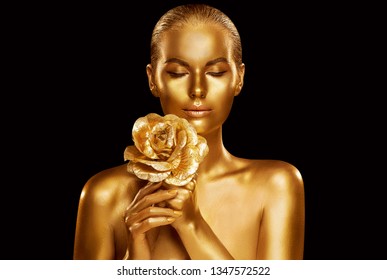 Gold Fashion Model Beauty Portrait With Rose Flower, Golden Woman Art Luxury Makeup On Studio Black Background