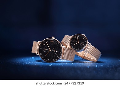 Gold fashionable and elegant watch, classic design high-end luxury brand watch for couples, blue style starry and dreamy background, black dial, gold strap, couple watch for men and women