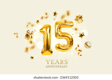 Gold festive balloons 15 years anniversary with golden confetti, presents, mirror ball and stars fly on a beige background with bokeh lights and sparks. Birthday luxury fifteen card, a creative idea - Powered by Shutterstock