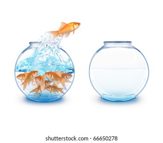 A gold fish is jumping over to an empty fishbowl for more room to expand. There is a white background.