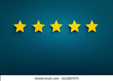 Gold Five Star Shape On Background. The Best Excellent Business Services Rating Customer Experience Concept.