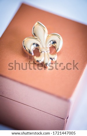 Gold Fleur de Lis Button Pin Place on Jewelry Box