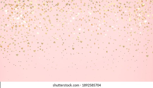 Gold flying hearts on pink background. Glistening gols falling hearts.