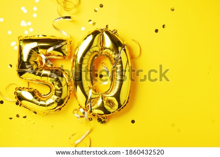 Gold foil balloon number, digit fifty. Birthday greeting card, inscription 50. Anniversary celebration event. Banner. Golden numeral, yellow background. Numerical digit, bright shiny glitter