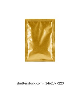 Gold Foil Blank Metallic Sachet Bag Isolated On White Background. Packaging Template Mockup Collection.