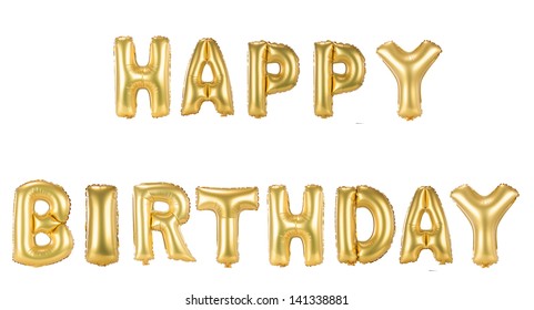 gold foil Happy Birthday balloons isolated on white background
