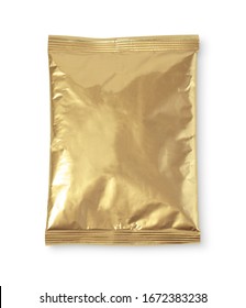 Gold Foil Plastic  Bag  Isolated On White Background. Packaging Template Mockup Collection. With Clipping Path Included. Aluminium Coffee Package.