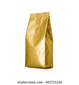 Gold Foil Plastic Paper Bag Isolated On White Background. Packaging Template Mockup Collection. With Clipping Path Included. Aluminium Coffee Package.