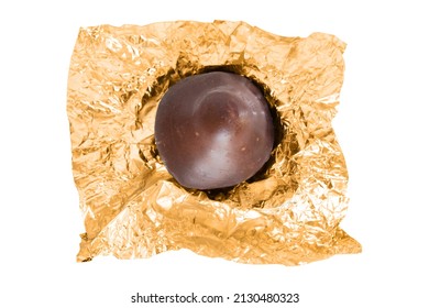 Gold Foil Unwrapped Chocolated Candy Isolated On White Background