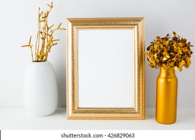 Gold Frame Mockup With Golden Decor. Frame Mockup. White Frame Mockup. 