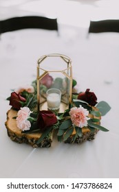 Gold Geometric Wedding Candle Decor, Flowers And Candle On Wood Slice, Modern And Bohemian Table Decoration 