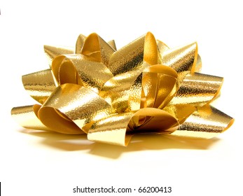 Gold Gift Bow - Side View On A White Background