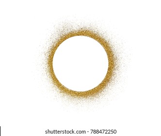 Gold Glitter On White Background, Golden Circle Shape With Center Copy Space