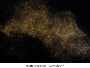 Gold Glitter Texture Isolated On Black. Amber Particles Color. Celebratory Background. Golden Explosion Of Confetti.