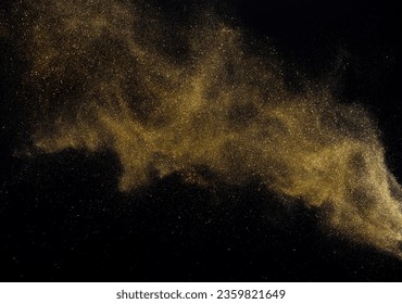 Gold Glitter Texture Isolated On Black. Amber Particles Color. Celebratory Background. Golden Explosion Of Confetti.