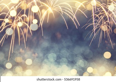 Gold And Green Fireworks And Bokeh In New Year Eve And Copy Space. Abstract Background Holiday.