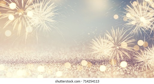 Gold And Green Vintage Fireworks And Bokeh In New Year Eve And Copy Space. Abstract Background Holiday.