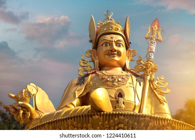 Gold Guru Rinpoche Statue Stands In Kathmandu. Nepal