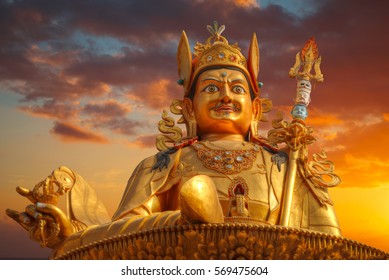 Gold Guru Rinpoche Statue Stands In Kathmandu. Nepal