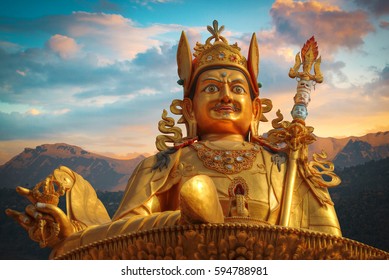 Gold Guru Rinpoche Statue Stands In Kathmandu. Nepal