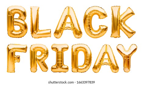 Gold helium balloons forming the words BLACK FRIDAY isolated on white background. Golden inflatable balloons, sale, discount, black friday concept. - Shutterstock ID 1663397839