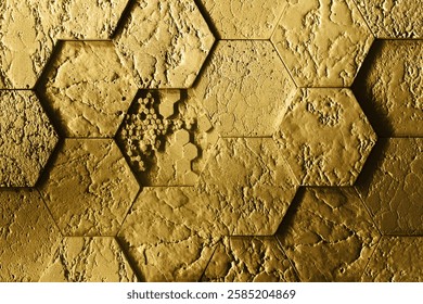 Gold Hexagon. Abstract 3D Background Texture Render. Constraction REal Estate Interior. Wallpaper Digital Tecnnology Futuristic. Art Geometric Frame Block Grid.