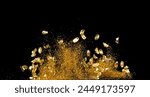 Gold Ingot Chinese Money bar token fly with dust particle in air. Chinese new year Yuanbao gold ingots floating to golden money sand particle. Language is wealthy prosperity. Black background isolated