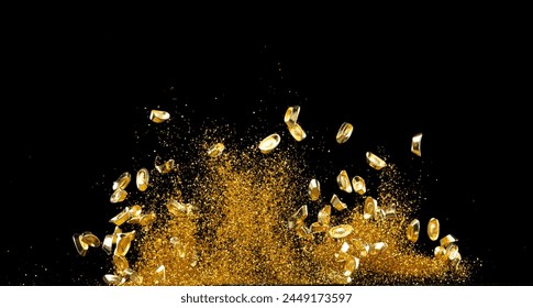 Gold Ingot Chinese Money bar token fly with dust particle in air. Chinese new year Yuanbao gold ingots floating to golden money sand particle. Language is wealthy prosperity. Black background isolated