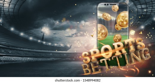 Gold Inscription Sports Betting On A Smartphone On The Background Of The Stadium. Bets, Sports Betting, Bookmaker. Mixed Media.