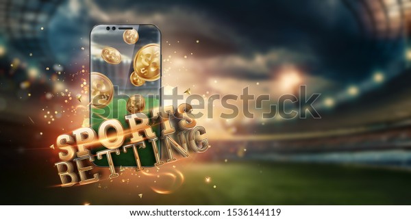 Gold inscription Sports Betting on a smartphone on\
the background of the stadium. Bets, sports betting, bookmaker.\
Mixed media.