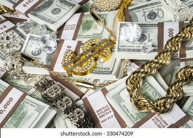 Gold jewelry, bling and money