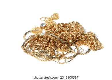 Gold. Gold Jewelry. Cash for Gold. Old and broken golden jewelry for sale. Isolated on white. Room for text. Clipping path. Cash 4 Gold. Jewelry Buyers. Jewelry for sale. Sell some of your old bling. 